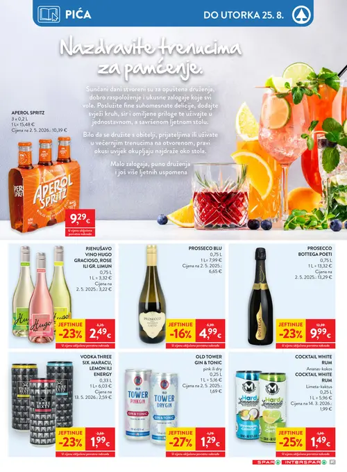 Spar katalog — stranica 24: APEROL SPRITZ, PJENUŠAVO VINO HUGO GRACIOSO, ROSE ILI GR. LIMUN, PROSECCO BLU, BOTTEGA PROSECCO BOTTEGA POETI (vrijedi 19. 08. 2026.–25. 08. 2026.)
