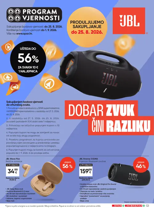 Spar katalog — stranica 36: JBL JBL Wave Flex Bežične slušalice uz 10 naljepnica, JBL JBL Xtreme 3 EUNA Prijenosni Bluetooth zvučnik uz 10 naljepnica (vrijedi 19. 08. 2026.–25. 08. 2026.)