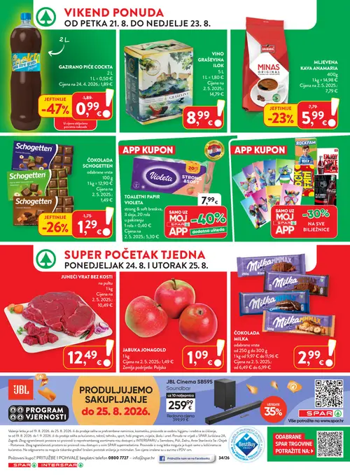 Spar katalog — stranica 39: GAZIRANO PIĆE COCKTA, JBL JBL Cinema SB595 Soundbar, JABUKA JONAGOLD, Schogetten ČOKOLADA SCHOGETTEN (vrijedi 19. 08. 2026.–25. 08. 2026.)