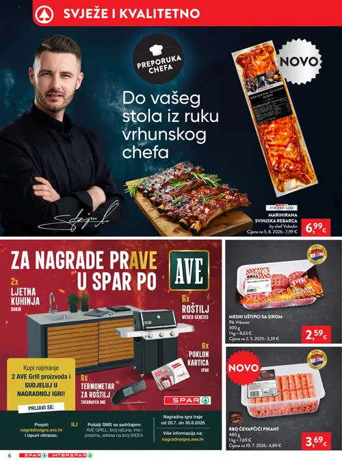 Spar katalog — stranica 6: BBQ ĆEVAPČIĆI PIKANT, Pik Vrbovec MESNI UŠTIPCI SA SIROM, SPAR PREMIUM MARINIRANA SVINJSKA REBARCA (vrijedi 19. 08. 2026.–25. 08. 2026.)