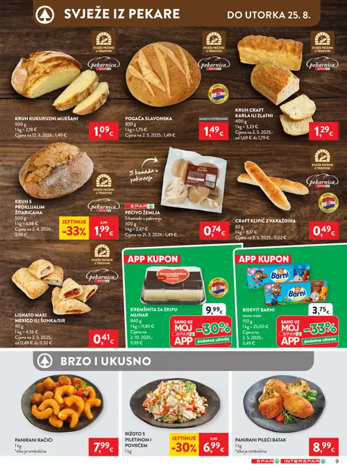 Spar katalog — stranica 9: SPAR PECIVO ŽEMLJA, KRUH S PROKLJALIM ŽITARICAMA, RIŽOTO S PILETINOM I POVRĆEM, KRUH KUKURUZNI MIJEŠANI (vrijedi 19. 08. 2026.–25. 08. 2026.)