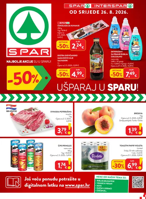 Spar katalog — stranica 1: EKSTRA DJEVIČANSKO MASLINOVO ULJE SALVADORI, SPAR ČOKOLADA ZA KUHANJE, COCOLINO DETERDŽENT ZA PRANJE RUBLJA COCOLINO razne vrste, VIOLETA TOALETNI PAPIR VIOLETA Limited (vrijedi 26. 08. 2026.–01. 09. 2026.)