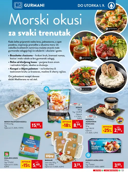 Spar katalog — stranica 10: SPAR PREMIUM PAŠTETA S JADRANSKIM KOZICAMA, LEDO PLODOVI MORA LEO, SPAR PREMIUM KOZICE, S BUDGET DIMLJENI LOSOS (vrijedi 26. 08. 2026.–01. 09. 2026.)