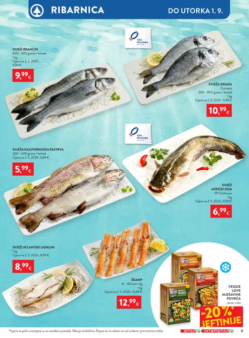 Spar katalog — stranica 11: SVJEŽI BRANCIN, Cromaris SVJEŽA ORADA, SVJEŽA KALIFORNIJSKA PASTRVA, PP Orahovica SVJEŽI AFRIČKI SOM (vrijedi 26. 08. 2026.–01. 09. 2026.)