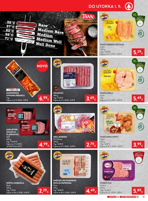 Spar katalog — stranica 13: Ravlić ROŠTILJ KOBASICA, Pik Vrbovec GRILL BURGER, SPAR ĆEVAPČIĆI, Pivac RAŽNJIĆI OD SVINJSKOG BUTA SA PAPRIKOM (vrijedi 26. 08. 2026.–01. 09. 2026.)