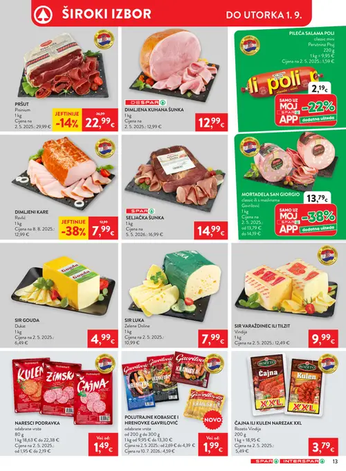 Spar katalog — stranica 19: Dimljeni kare Ravlić, Pršut Pisinium (vrijedi 26. 08. 2026.–01. 09. 2026.)