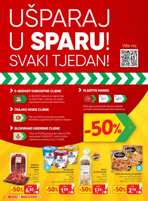 Spar katalog — stranica 2: BUĐOLA MARECAK NIKO, KRUH ZLATNA KORA, KRI KRI SLADOLED S GRČKIM JOGURTOM KRI KRI, DR.OETKER PIZZA FELICIANA DR.OETKER razne vrste (vrijedi 26. 08. 2026.–01. 09. 2026.)