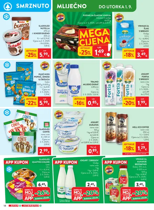 Spar katalog — stranica 20: Kinder SLADOLED NUTELLA ili KINDER BUENO, Cekin PILEĆI KIDS POPSIĆ, DINOSI ILI ŠKOLICA, 'z bregov JOGURT FORTIA 'Z BREGOV, HELL ICE COFFEE (vrijedi 26. 08. 2026.–01. 09. 2026.)