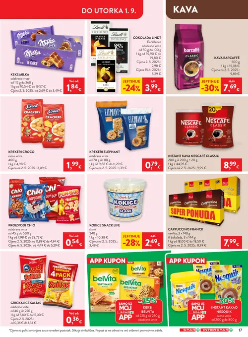 Spar katalog — stranica 23: barcaffé KAVA BARCAFFÉ, Snack Life KOKICE SNACK LIFE, Lindt ČOKOLADA LINDT, FRANCK CAPPUCCINO FRANCK (vrijedi 26. 08. 2026.–01. 09. 2026.)