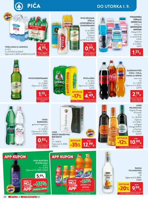 Spar katalog — stranica 26: BIB ERDUT VINO ERDUT GRAŠEVINA BIB ERDUT, FELSER RAKIJA VILIJAMOVKA, Laško Pivo Laško, BADEL LIKER PELINKOVAC Orginal, Orange ili Summer (vrijedi 26. 08. 2026.–01. 09. 2026.)