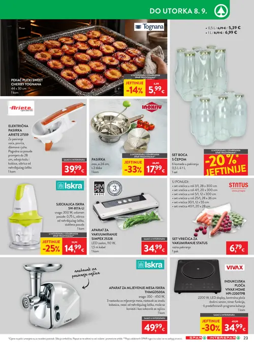 Spar katalog — stranica 29: Inoxriv PASIRKA, VIVAX INDUKCIJSKA PLOČA VIVAX HOME HPI-2200TPB, Iskra SJEČKALICA ISKRA SW-817A-LI, SET BOCA S ČEPOM (vrijedi 26. 08. 2026.–01. 09. 2026.)