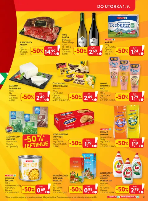 Spar katalog — stranica 3: SPAR KUKURUZ ŠEĆERAC, VINDI OSVJEŽAVAJUĆE PIĆE VINDI COCKTAIL, SPAR INSTANT NAPITAK naranča ili limun, SPAR MASLAC (vrijedi 26. 08. 2026.–01. 09. 2026.)