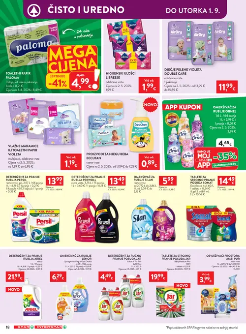 Spar katalog — stranica 30: Paloma TOALETNI PAPIR PALOMA, Perwoll DETERDŽENT ZA PRANJE RUBLJA PERWOLL, Silan OMEKŠIVAČ ZA RUBLJE SILAN, Somat TABLETE ZA STROJNO PRANJE POSUĐA SOMAT EXCELLENCE 4u1 (vrijedi 26. 08. 2026.–01. 09. 2026.)