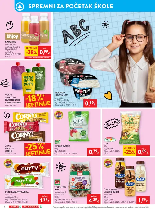 Spar katalog — stranica 4: SPAR Enjoy SMOOTHIE, Zott PROIZVODI PROTEIN ZOTT, SPAR Natur pur FLIPS, NUTRINO LAB ENERGIE BOOST VOĆNI SNACKOVI (vrijedi 26. 08. 2026.–01. 09. 2026.)