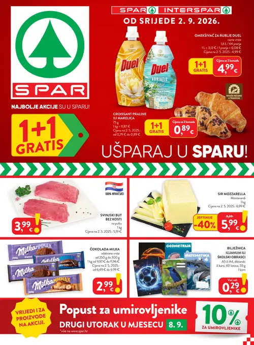 Spar katalog — stranica 1: SIR MOZZARELLA Monteverdi, DUELL OMEKŠIVAČ ZA RUBLJE DUEL razne vrste, BILJEŽNICA ILI ILIJENUM ILI ŠKOLSKI OBRASCI, CROISSANT PRALINE ILI MARELICA (vrijedi 02.09.–08.09.2026.)