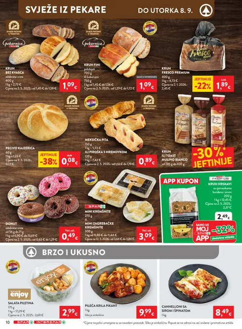 Spar katalog — stranica 12: PECIVO KAJZERICA, KRUH FRESCO PREMIUM, PILEĆA KRILA PIKANT, ILI PIROŠKA S HRENOVKOM (vrijedi 02.09.–08.09.2026.)