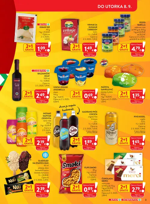 Spar katalog — stranica 3: BARILLA PESTO BARILLA, COCKTA GAZIRANO PIĆE COCKTA, GAVRILOVIĆ PAŠTETA GAVRILOVIĆ, Z bregov VRHNJE ZA KUHANJE Z BREGOV (vrijedi 02.09.–08.09.2026.)
