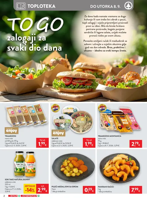 Spar katalog — stranica 7: montanica TRAMEZZINI MONTANICA razne vrste, SPAR enjoy SALATE odabrane vrste, SPAR enjoy TRAMEZZINI razne vrste, Rabbit Juice SOK TAKE NATURAL BUNNY odabrane vrste (vrijedi 02.09.–08.09.2026.)
