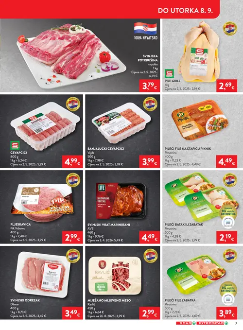 Spar katalog — stranica 9: Pik Vrbovec PLJESKAVICA, Ravlić MIJEŠANO MLJEVENO MESO, Perutnina PILEĆI BATAK ILI ZABATAK, AVE SVINJSKI VRAT MARINIRANI (vrijedi 02.09.–08.09.2026.)