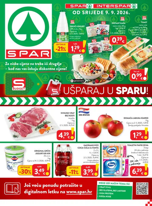 Spar katalog — stranica 1: KRI KRI ORIGINAL GRČKI JOGURT KRI KRI 2% m.m., BUDGET TEKUĆI JOGURT 2,8% m.m., 1 kg, GAZIRANO PIĆE COCA-COLA ILI FANTA (vrijedi 09. 09. 2026.–15. 09. 2026.)