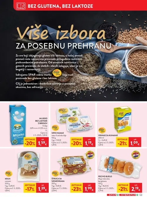Spar katalog — stranica 14: free from ŠTRUCA SA SJEMENKAMA, free from VRHNJE ZA KUHANJE, free from PECIVO BIJELO, z bregov MLIJEKO BEZ LAKTOZE 'Z BREGOV (vrijedi 09. 09. 2026.–15. 09. 2026.)