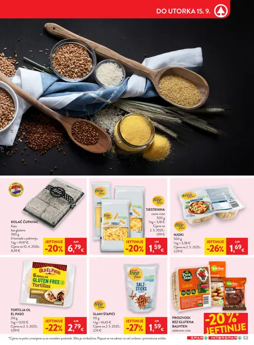 Spar katalog — stranica 15: free prom SLANI ŠTAPIĆI, free prom Njoki, OLDELPASO TORTILJA OL EL PASO, free prom Tjestenina razne vrste (vrijedi 09. 09. 2026.–15. 09. 2026.)