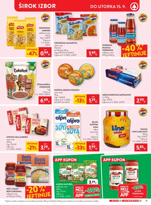 Spar katalog — stranica 16: marodi TJESTENINA MARODI, Argeta PAŠTETA ARGETA KOKOŠJA, carnex GOTOVA JELA CARNEX, Talianetta TJESTENINA TALIANETTA (vrijedi 09. 09. 2026.–15. 09. 2026.)