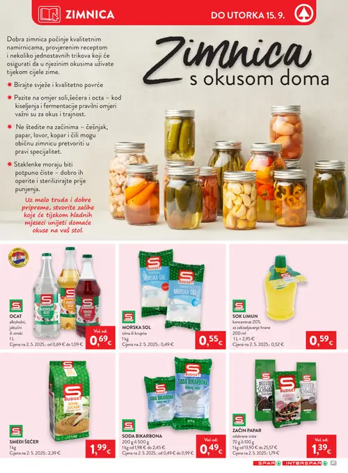 Spar katalog — stranica 17: BUDGET OCAT alkoholni, jabučni ili vinski, BUDGET MORSKA SOL sitna ili krupna, BUDGET SOK LIMUN koncentrat 20%, BUDGET SMEDI ŠEĆER (vrijedi 09. 09. 2026.–15. 09. 2026.)