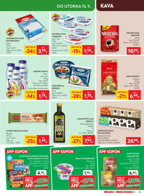 Spar katalog — stranica 19: MEGGLE MOZZARELLA, ORGULA MASLINOVO ULJE ORGULA EKSTRA DJEVIČANSKO TRADICIJA, Wewalka SVJEŽE TIJESTO ZA PIZZU, President ZAGREBAČKI SVJEŽI SIR PRÉSIDENT (vrijedi 09. 09. 2026.–15. 09. 2026.)