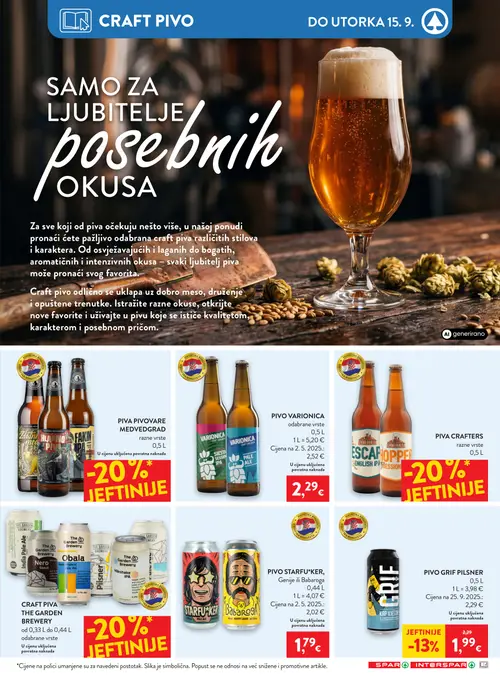 Spar katalog — stranica 22: PIVO GRIF PILSNER, PIVO VARIONICA odabrane vrste, PIVA PIVOVARE MEDVEDGRAD razne vrste, PIVA CRAFTERS razne vrste (vrijedi 09. 09. 2026.–15. 09. 2026.)