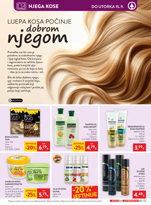 Spar katalog — stranica 25: GARNIER MASKA ZA KOSU GARNIER FRUCTIS, SUBRINA ŠAMPON ZA KOSU RECEPT, GARNIER BOJE ZA KOSU OLIA, PANTENE REGENERATOR ZA KOSU PANTENE (vrijedi 09. 09. 2026.–15. 09. 2026.)