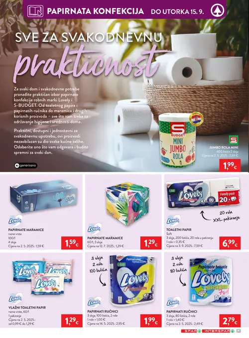 Spar katalog — stranica 27: Lovely PAPIRNATI RUČNICI, Lovely TOALETNI PAPIR, S BUDGET JUMBO ROLA MINI, Lovely PAPIRNATE MARAMICE (vrijedi 09. 09. 2026.–15. 09. 2026.)