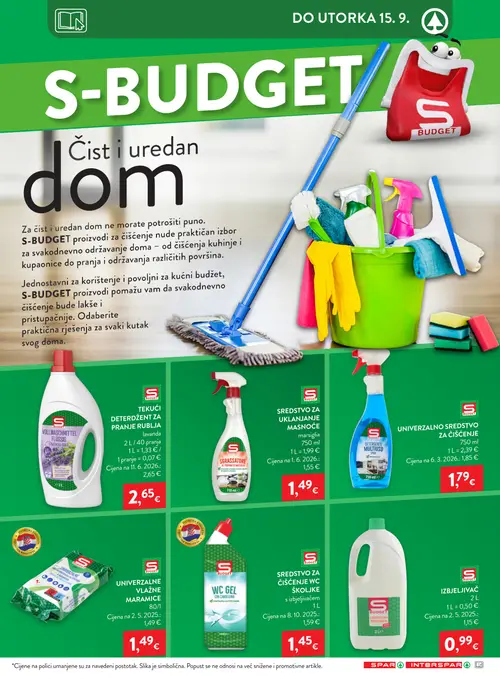 Spar katalog — stranica 28: S-BUDGET TEKUĆI DETERDŽENT ZA PRANJE RUBLJA lavanda, S-BUDGET SREDSTVO ZA UKLANJANJE MASNOĆE marsiglia, S-BUDGET UNIVERZALNO SREDSTVO ZA ČIŠĆENJE, S-BUDGET UNIVERZALNE VLAŽNE MARAMICE (vrijedi 09. 09. 2026.–15. 09. 2026.)