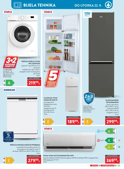 Spar katalog — stranica 29: VIVAX PERILICA RUBLJA VIVAX WFL-120716CDS, VIVAX HLADNJAK VIVAX HOME DD-207E W, BEKO HLADNJAK BEKO RCSA300K40GN, KONČAR PERILICA POSUĐA KONČAR PP60BDM6 (vrijedi 09. 09. 2026.–15. 09. 2026.)