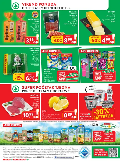 Spar katalog — stranica 33: H. Wein Šunka narezak, Valio Sir Tilzit, Laško Pivo Laško Zlatogor, SPAR High Protein (vrijedi 09. 09. 2026.–15. 09. 2026.)