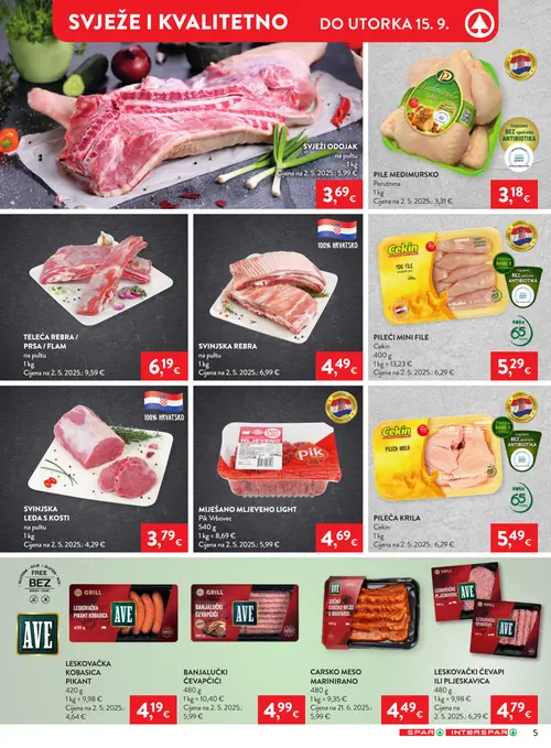 Spar katalog — stranica 6: AVE BANJALUČKI ĆEVAPČIĆI, AVE LESKOVAČKA KOBASICA PIKANT, Cekin PILEĆA KRILA, Pik Vrbovec MIJEŠANO MLJEVENO LIGHT (vrijedi 09. 09. 2026.–15. 09. 2026.)