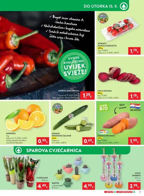 Spar katalog — stranica 9: PAPRIKA ROG CRVENA, CIKLA KUHANA, NARANČA, SPAR DOMAĆA RAJČICA PAPELETTO (vrijedi 09. 09. 2026.–15. 09. 2026.)