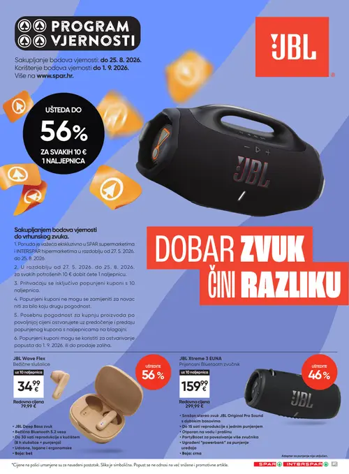 Spar katalog — stranica 18: JBL JBL Wave Flex Bežične slušalice, JBL JBL Xtreme 3 EUNA Prijenosni Bluetooth zvučnik (vrijedi 12. 08. 2026.–18. 08. 2026.)
