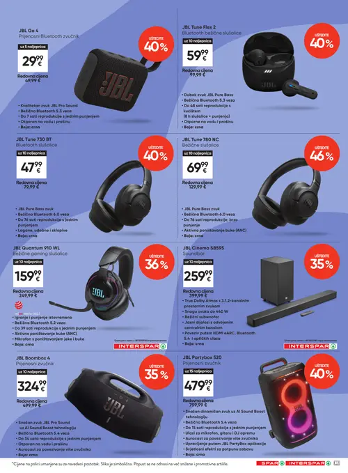 Spar katalog — stranica 19: JBL JBL Tune 780 NC Bežične slušalice, JBL JBL Partybox 520 Prijenosni zvučnik, JBL JBL Go 4 Prijenosni Bluetooth zvučnik, JBL JBL Tune Flex 2 Bluetooth bežične slušalice (vrijedi 12. 08. 2026.–18. 08. 2026.)