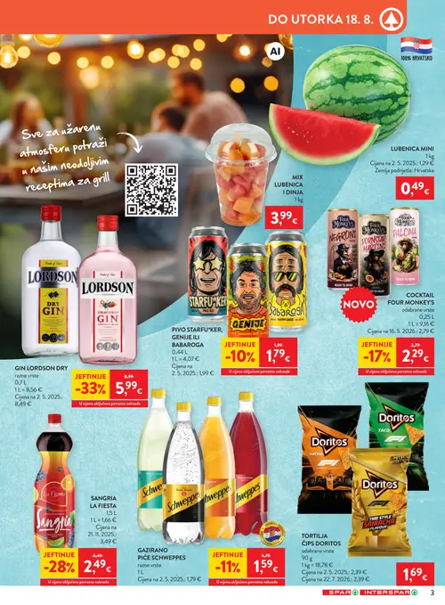 Spar katalog — stranica 3: LUBENICA MINI, LORDSON GIN LORDSON DRY, Doritos TORTILJA ČIPS DORITOS odabrane vrste, LA FIESTA SANGRIJA LA FIESTA (vrijedi 12. 08. 2026.–18. 08. 2026.)
