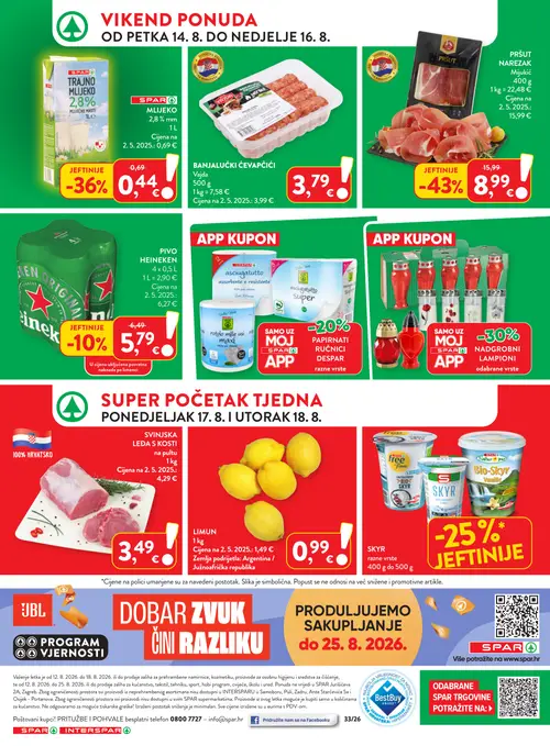 Spar katalog — stranica 42: VAJDA BANJALUČKI ĆEVAPČIĆI, SPAR TRAJNO MLIJEKO 2,8% mliječne masti, LIMUN, MIJUKIĆ PRŠUT NARE অর্ধেক (vrijedi 12. 08. 2026.–18. 08. 2026.)