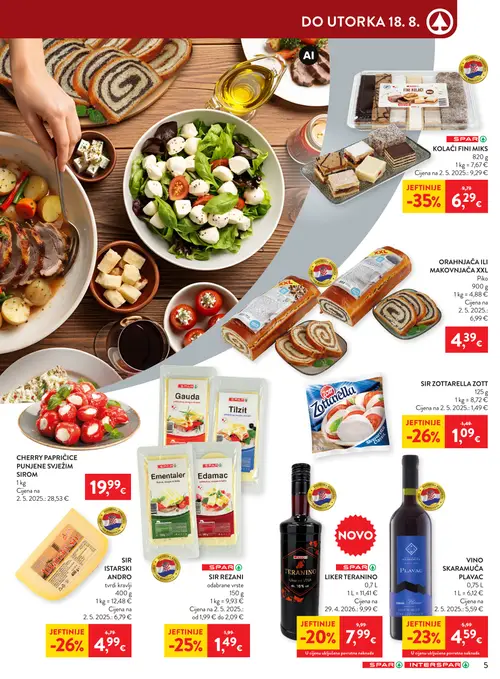 Spar katalog — stranica 5: SPAR FINI KOLAČI MIKS, Zott SIR ZOTTARELLA, SIR ISTARSKI ANDRO, SPAR SIR REZANI (vrijedi 12. 08. 2026.–18. 08. 2026.)