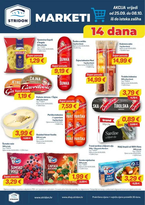 Stridon katalog — stranica 1: Ledo Riblji štapići od 100% fileta, Gavriloivć Tirolska kobasica, Ledo Slađolod Velvet Vanilla, Ledo Carska mješavina (vrijedi 25. 09. 2026.–08. 10. 2026.)