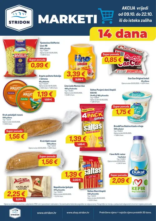 Stridon katalog — stranica 1: Koestlin Hazelnut Wafers, Atlantic Argeta pašteta Kokosja / Jetrena, Podravka Lino Lada Namaz duo, Klara Kruh polubijeli rezani (vrijedi 09.10.–22.10.2026.)