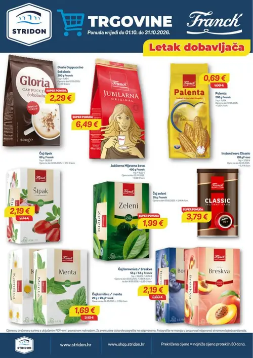 Stridon katalog — stranica 5: Franck Palenta, Franck Čaj borovnica / breskva, Franck Čaj kamilica / menta, Franck Čaj šipak (vrijedi 09.10.–22.10.2026.)