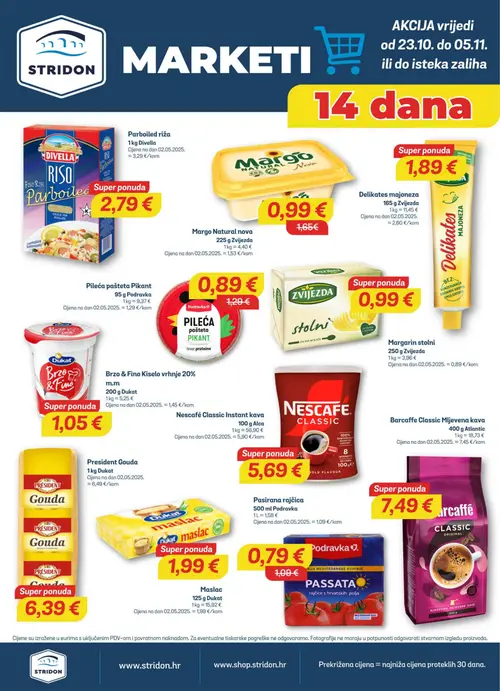 Stridon katalog — stranica 1: Margo Natural nova, Podravka Pileća pašteta Pikant, Podravka Pasirana rajčica, President Gouda (vrijedi 23.10.–05.11.2026.)