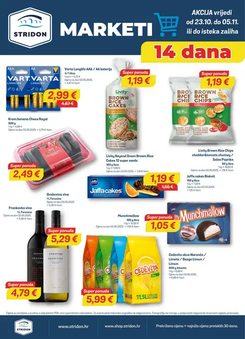 Stridon katalog — stranica 2: Varta Longlife AAA / AA baterije, Jaffa cakes Biskvit, Krem banana Choco Royal, Feravino Graševina vino (vrijedi 23.10.–05.11.2026.)