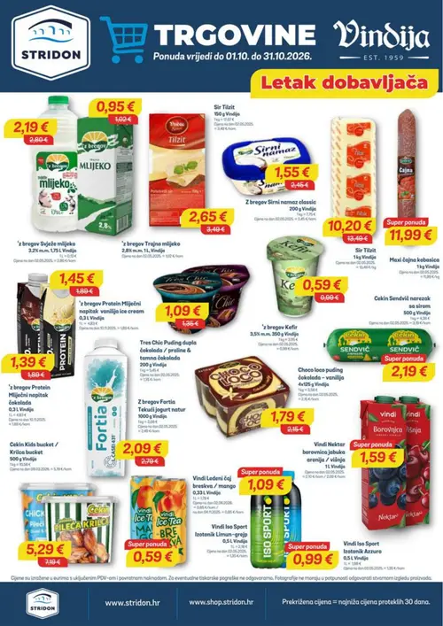 Stridon katalog — stranica 4: Vindija 'z bregov Kefir, Vindija Sirni namaz classic, Vindija 'z bregov Protein Mliječni napitak čokolada, Vindija Cekin Kids bucket / Krilca bucket (vrijedi 23.10.–05.11.2026.)