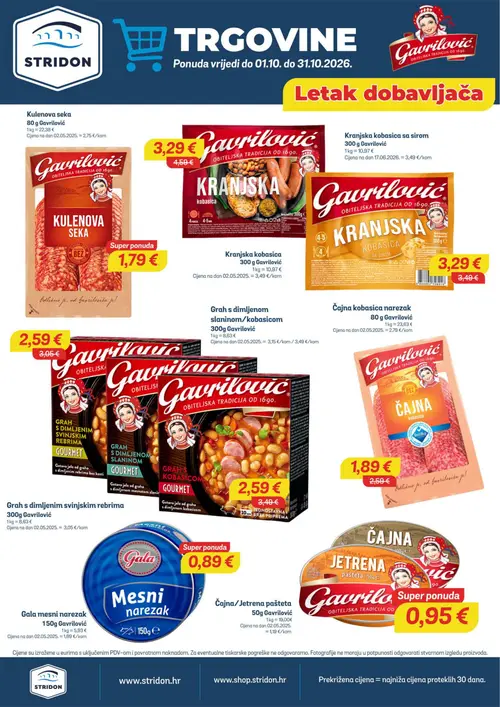 Stridon katalog — stranica 6: Gavrilović Kranjska kobasica, Gavrilović Čajna kobasica narezak, Gavrilović Grah s dimljenom slaninom/kuhana kobasicom, Gavrilović Grah s dimljenom svinjskim rebrima (vrijedi 23.10.–05.11.2026.)