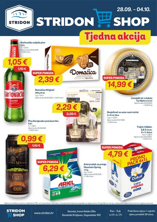 Stridon katalog — stranica 1: Edco Osvježivač za auto razni mirisi, Pivo Sarajevo premium lim., Karlovačko svijetlo pivo, Mljekara Livno Livanjjski sir u kolutu (vrijedi 28. 09. 2026.–04. 10. 2026.)